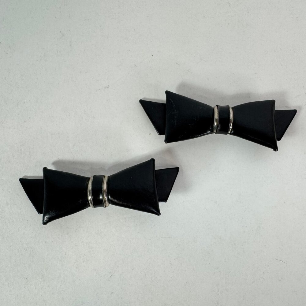 Vintage Navy Leather Bow Shoe Clips Pair